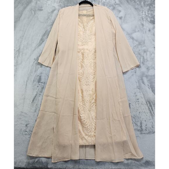 Formal Dress Jacket Set Size 10 Champagne Gold Beaded Lace Chiffon Sheath Party - Picture 1 of 14